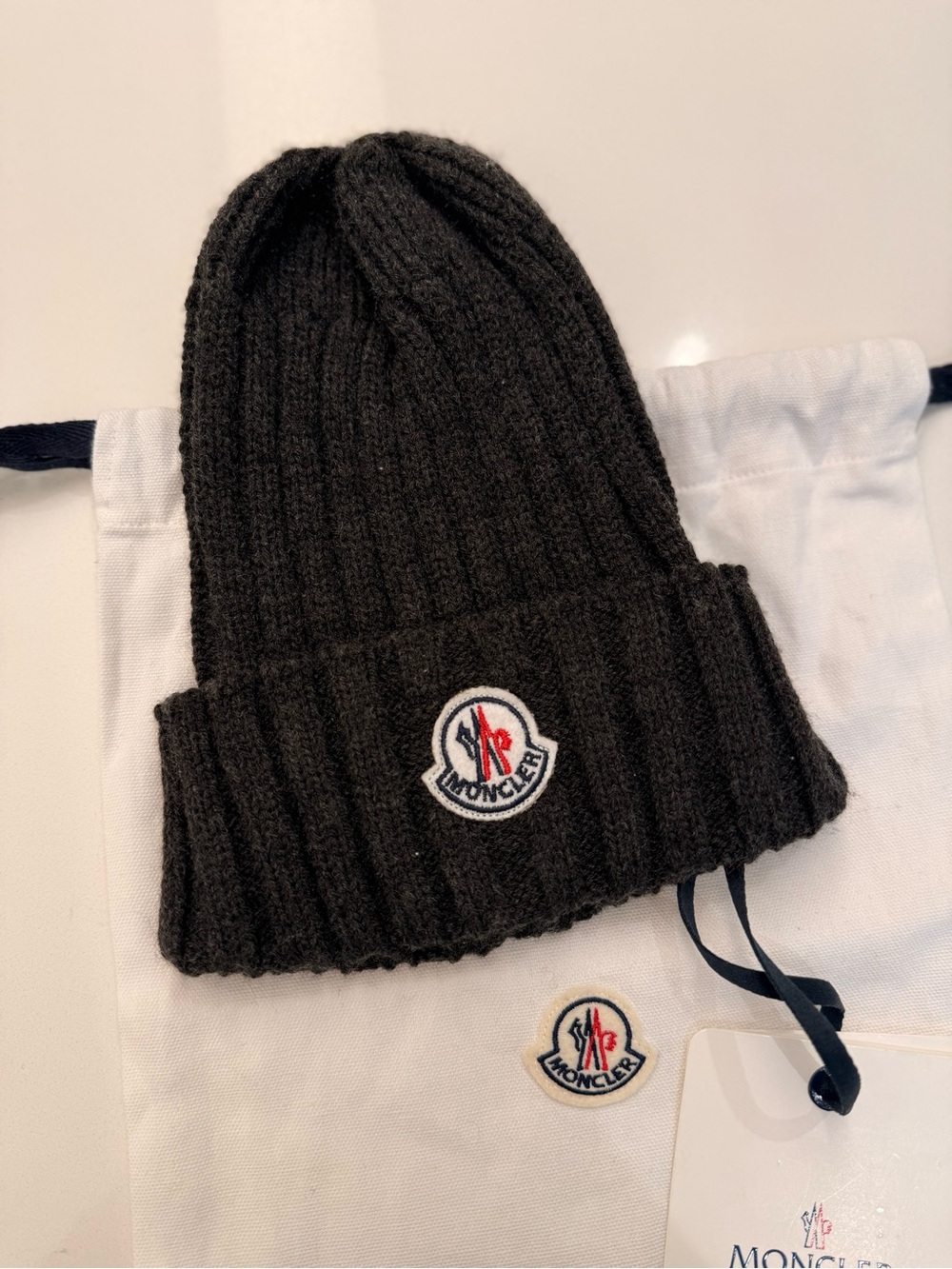 Moncler WOOL Ribbed Knit Beanie Hat Gray Used No Pom Pom w/ Dust Bag & Tags - Picture 4 of 12